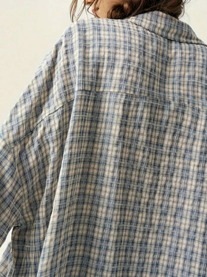 Women's Plaid Oversized Pouch Pocket Long Sleeve Shirt