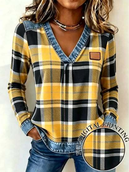 New Spring Fall Women's Fake Denim Patchwork Print V Neck Top