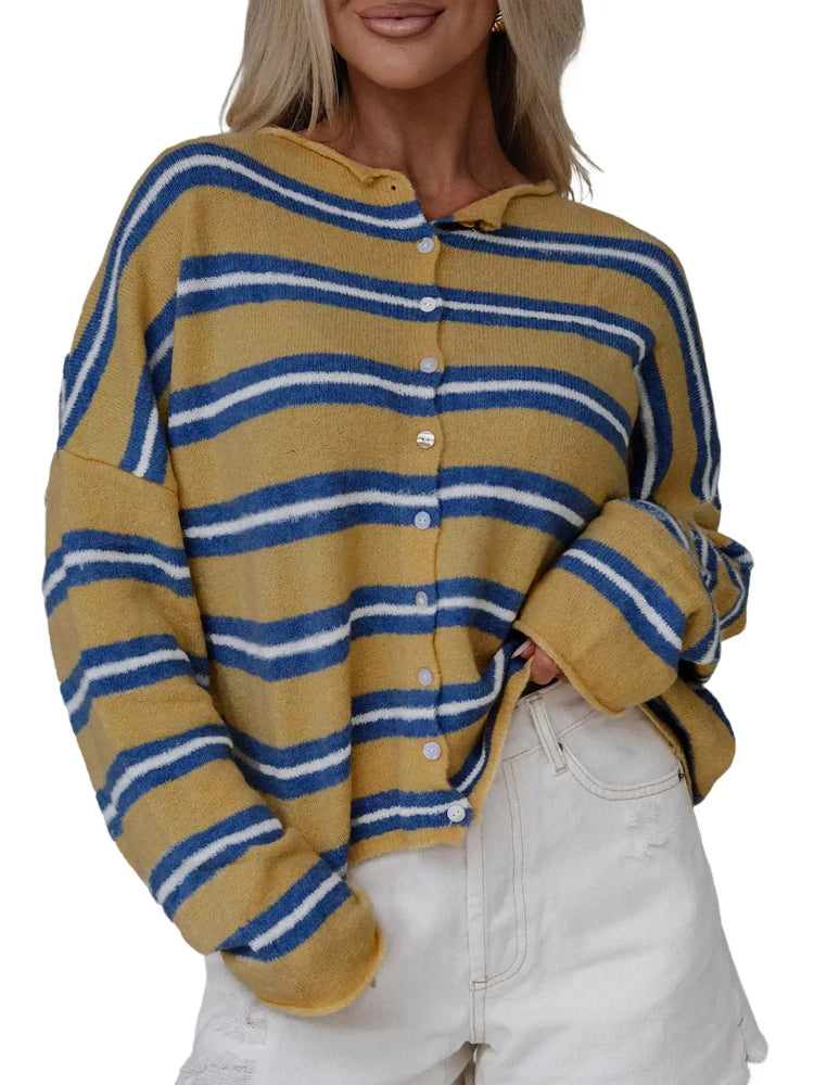 Women Striped Drop Shoulder Button Front Long Sleeve Knit Cardigan