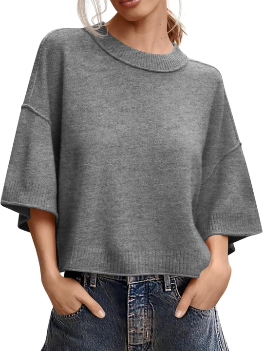 Oversized Cropped Short‑Sleeve Knit Top 🍂 Drop‑Shoulder Crew Neck Exposed‑Stitching Casual Tops