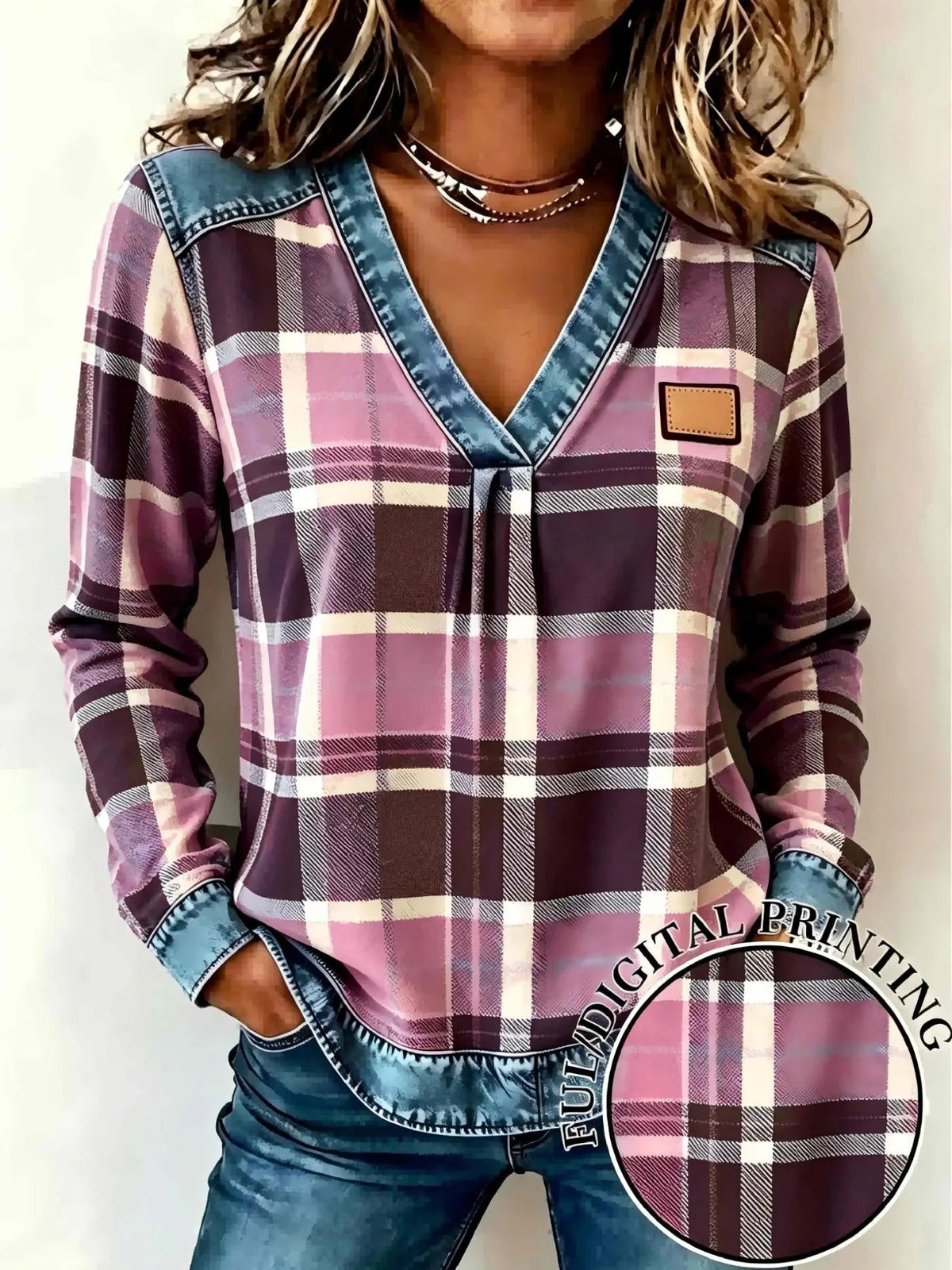 New Spring Fall Women's Fake Denim Patchwork Print V Neck Top
