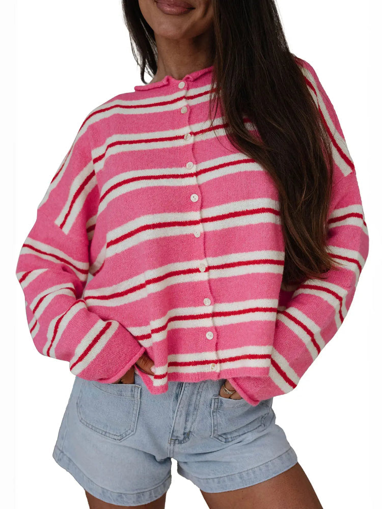 Women Striped Drop Shoulder Button Front Long Sleeve Knit Cardigan