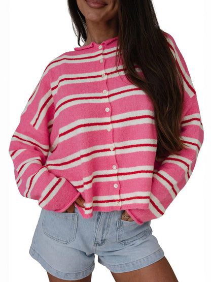 Women Striped Drop Shoulder Button Front Long Sleeve Knit Cardigan