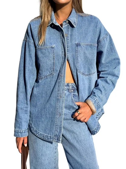 Women’s Relaxed Denim Shirt Jacket With Pockets & Curved Hem