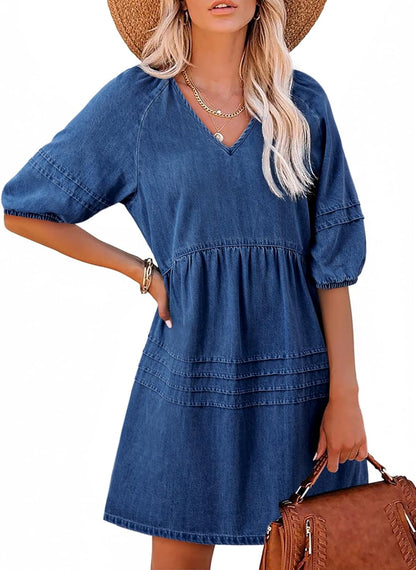 Women Casual V Neck Puff Short Sleeve Denim Dress(BUY 2 FREE SHIPPING)