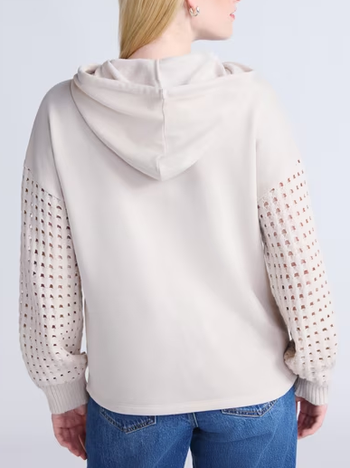 Women Mixed Knit Long Sleeve Hoodie With Pocket