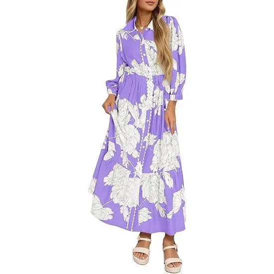 Women’s Maxi Shirt Dress Casual Floral Collared 3/4 Long Sleeve Drawstring Waist Fall Button Down Dresses