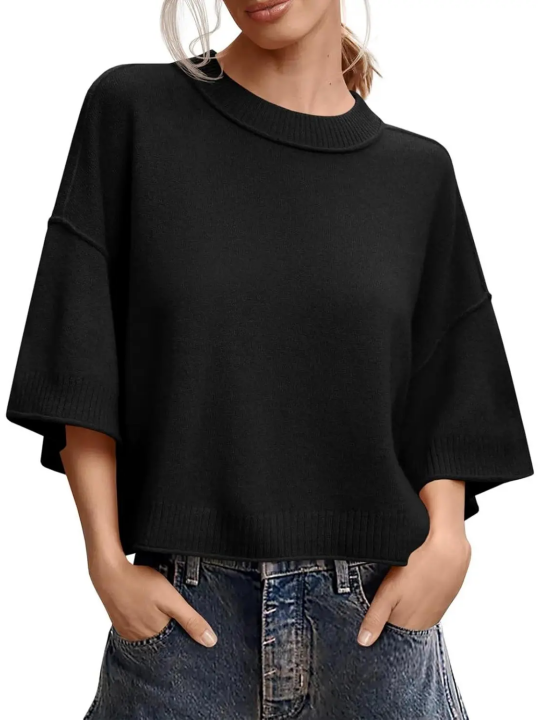 Oversized Cropped Short‑Sleeve Knit Top 🍂 Drop‑Shoulder Crew Neck Exposed‑Stitching Casual Tops