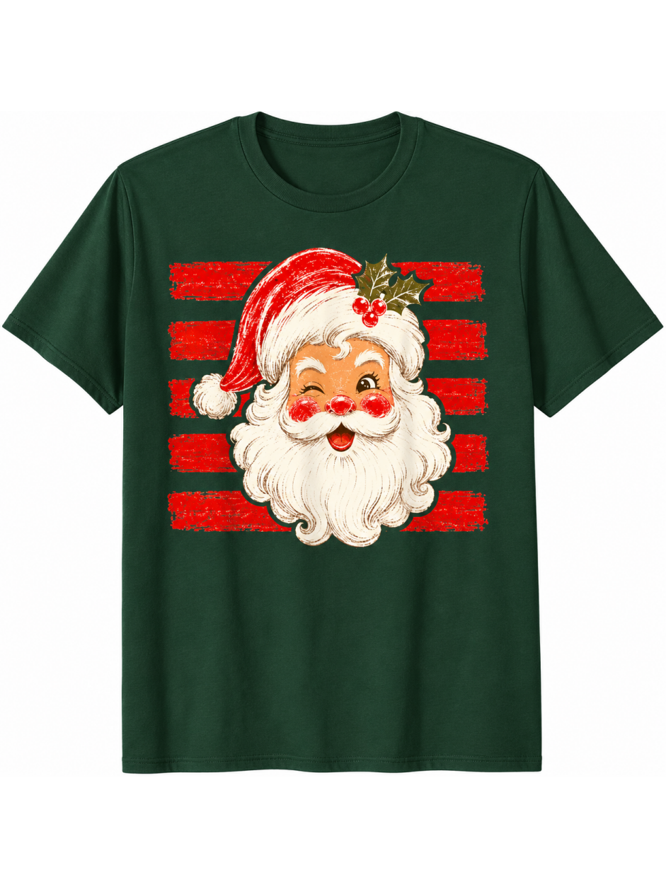Vintage Christmas Santa Print Casual Short Sleeve Top
