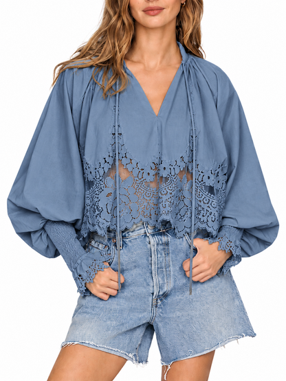 Hot Sale-Lace Inset Puff Sleeve Tie V Neck Blouse For Women