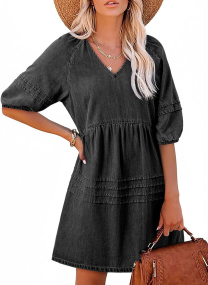 Women Casual V Neck Puff Short Sleeve Denim Dress(BUY 2 FREE SHIPPING)
