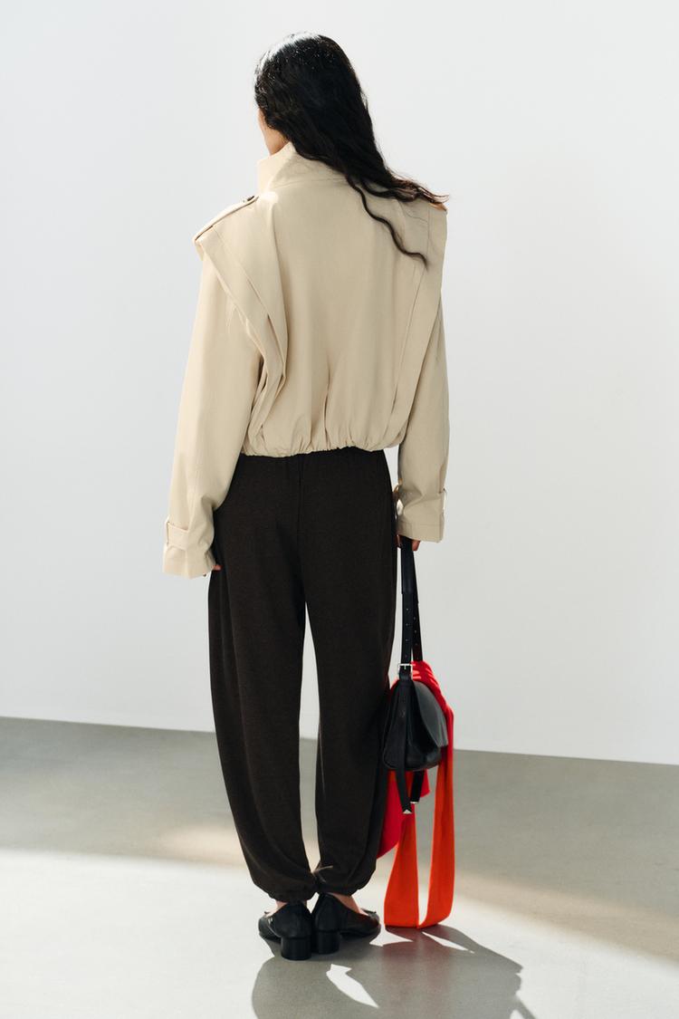 Women High Collar Pleated Cropped Trench Coat