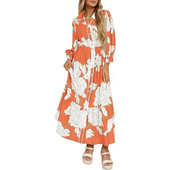 Women’s Maxi Shirt Dress Casual Floral Collared 3/4 Long Sleeve Drawstring Waist Fall Button Down Dresses