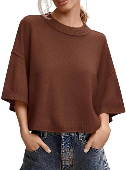 Oversized Cropped Short‑Sleeve Knit Top 🍂 Drop‑Shoulder Crew Neck Exposed‑Stitching Casual Tops