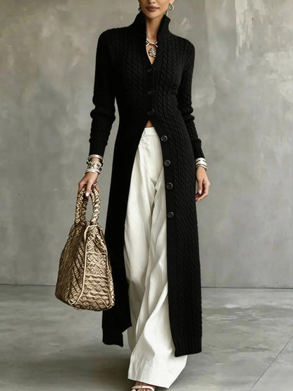 Women's Stand Collar Single Button Cable Knit Long Cardigan