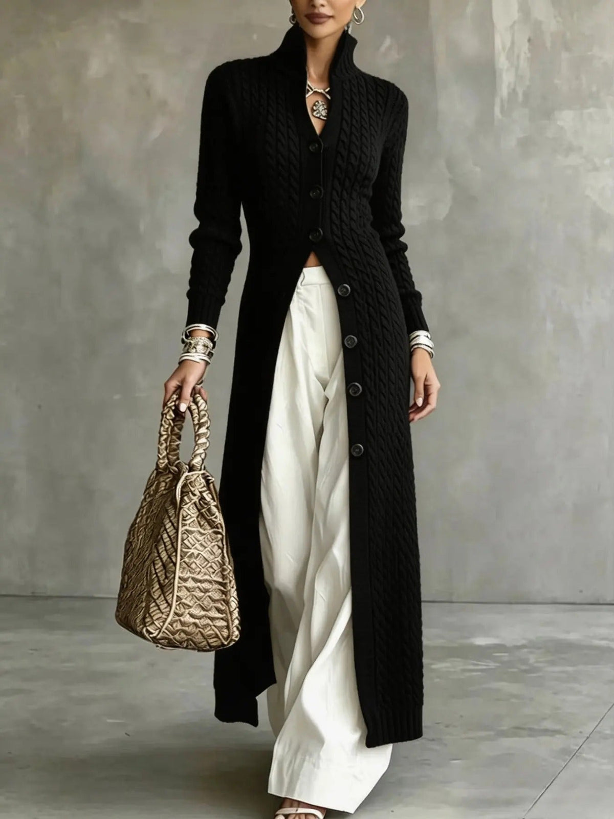 Limited time sale🔥Women's Stand Collar Single Button Cable Knit Long Cardigan