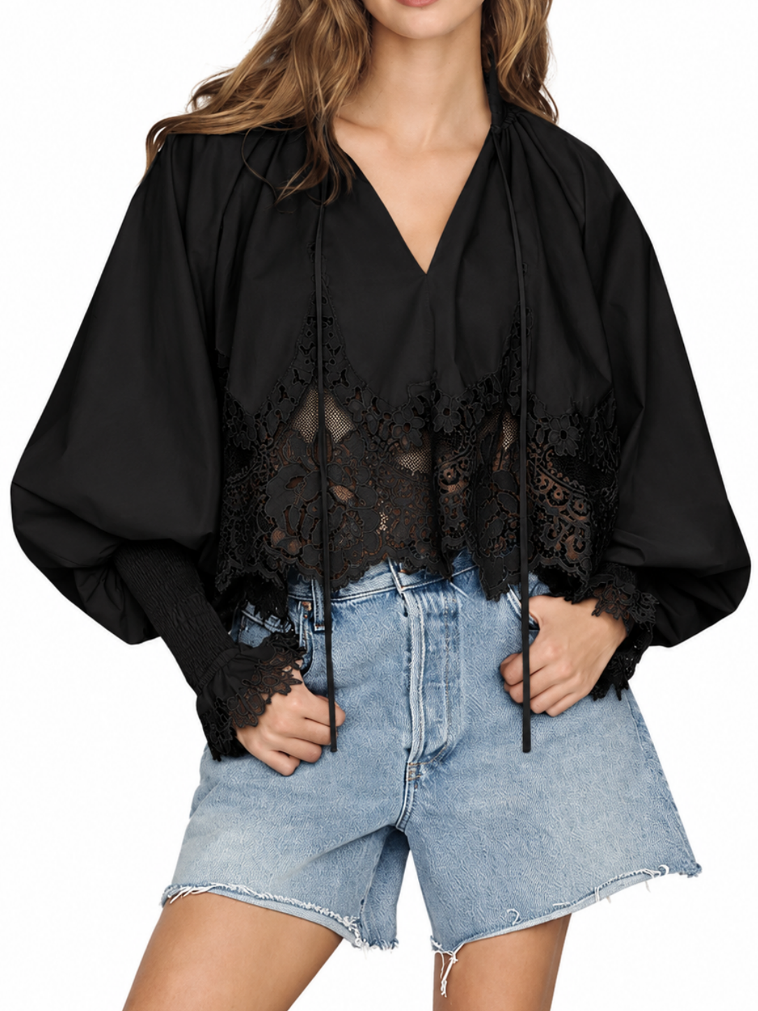 Hot Sale-Lace Inset Puff Sleeve Tie V Neck Blouse For Women