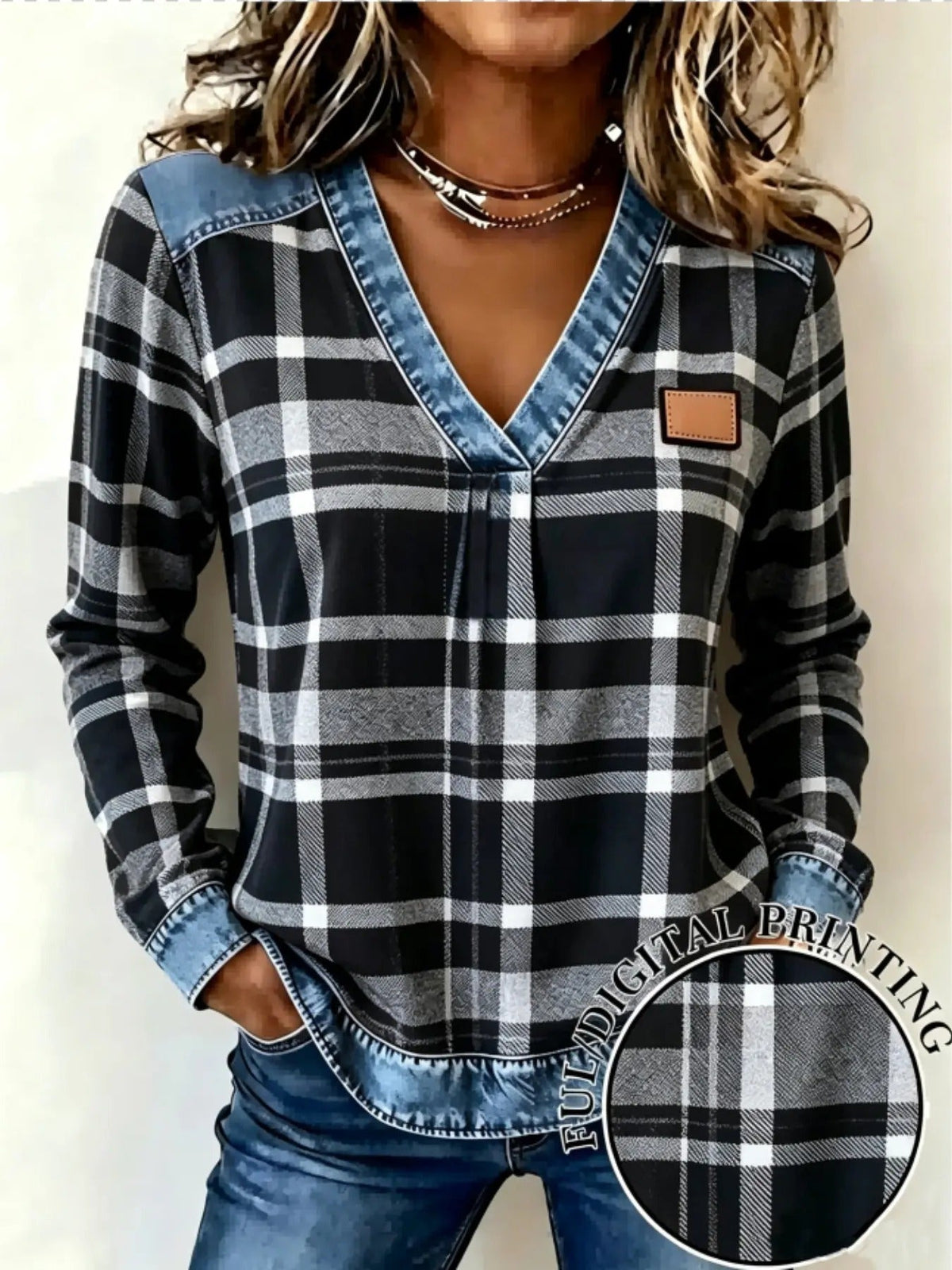New Spring Fall Women's Fake Denim Patchwork Print V Neck Top