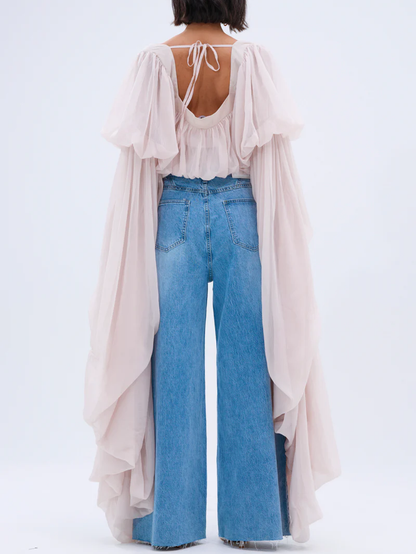 SLOUCHY SQUARE NECK LONG SLEEVE BLOUSE TOP