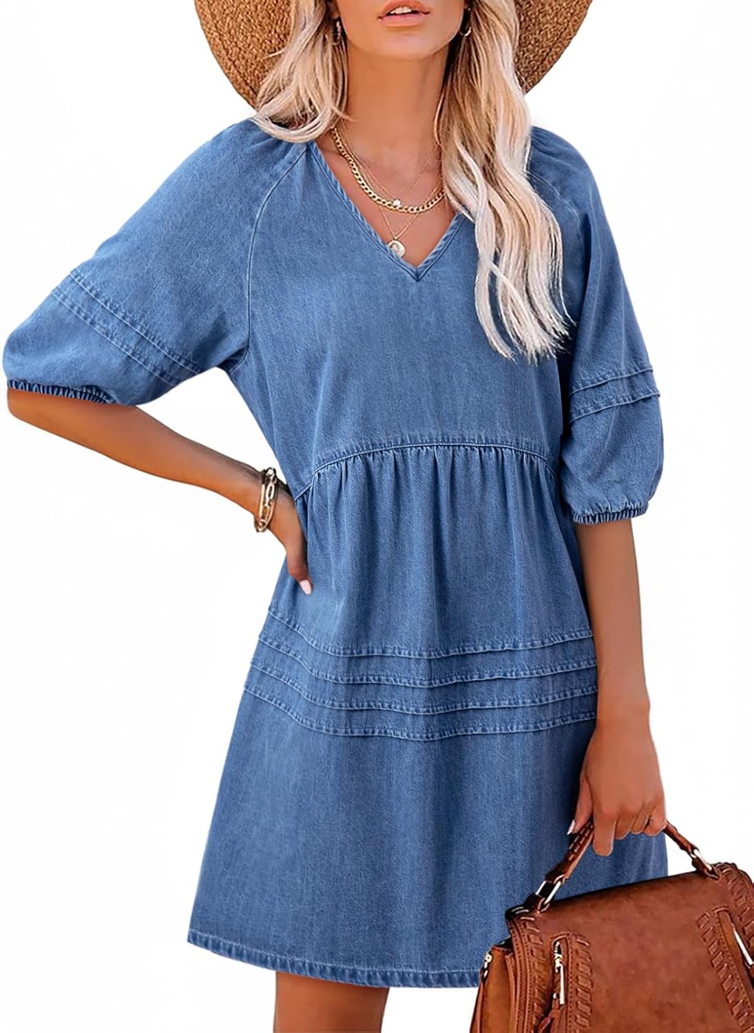 Women Casual V Neck Puff Short Sleeve Denim Dress(BUY 2 FREE SHIPPING)