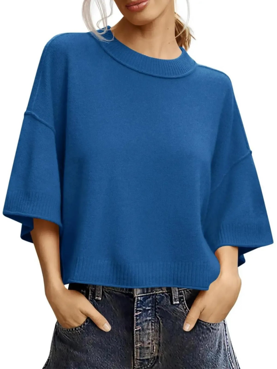 Oversized Cropped Short‑Sleeve Knit Top 🍂 Drop‑Shoulder Crew Neck Exposed‑Stitching Casual Tops