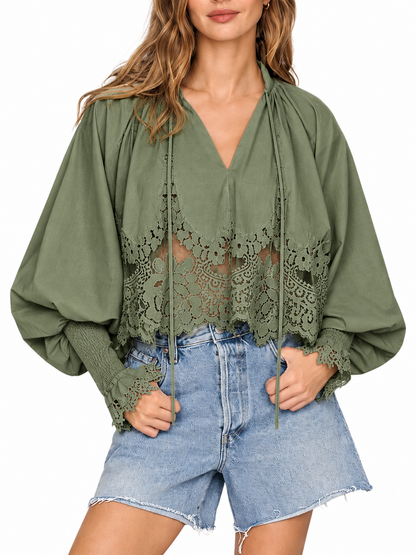 Hot Sale-Lace Inset Puff Sleeve Tie V Neck Blouse For Women