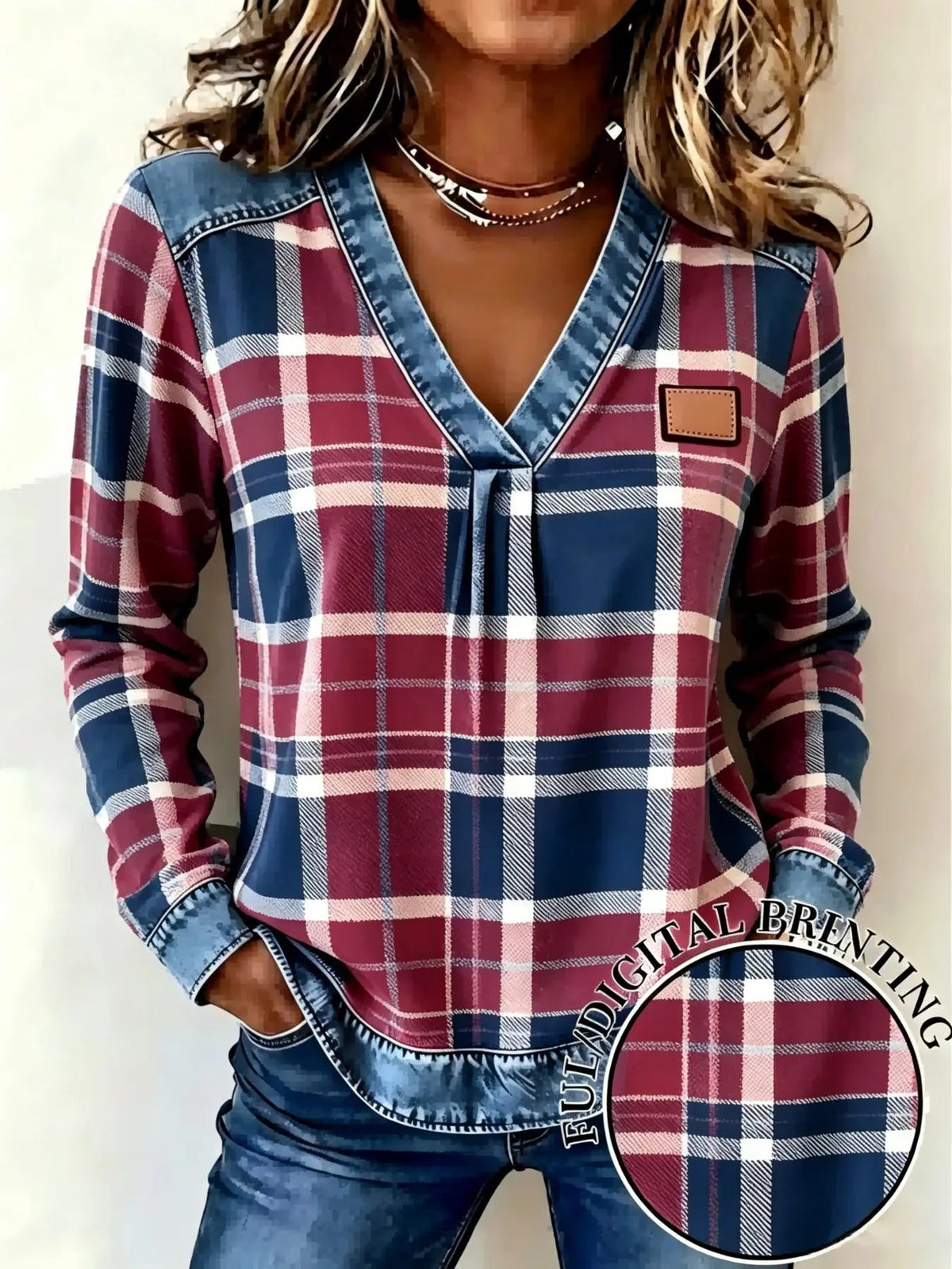 New Spring Fall Women's Fake Denim Patchwork Print V Neck Top