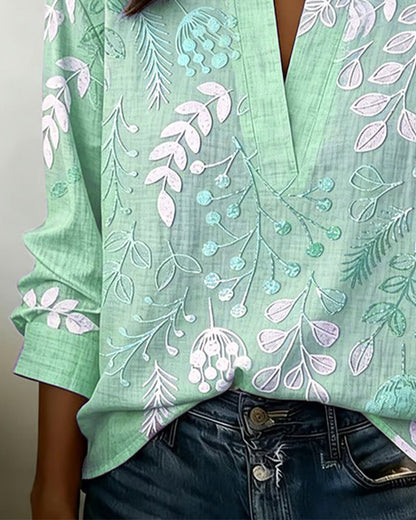 Vintage Botanical Leaf Print Notch Collar Long Sleeve Blouse