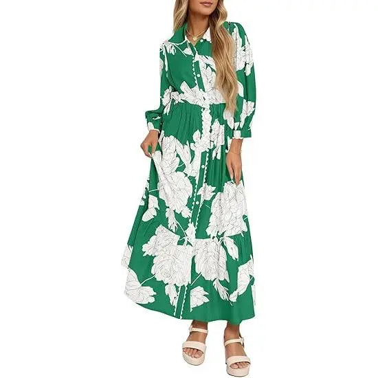 Women’s Maxi Shirt Dress Casual Floral Collared 3/4 Long Sleeve Drawstring Waist Fall Button Down Dresses