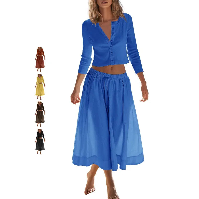 2 Piece Ribbed Cardigan & Wide Leg Skirt Set
