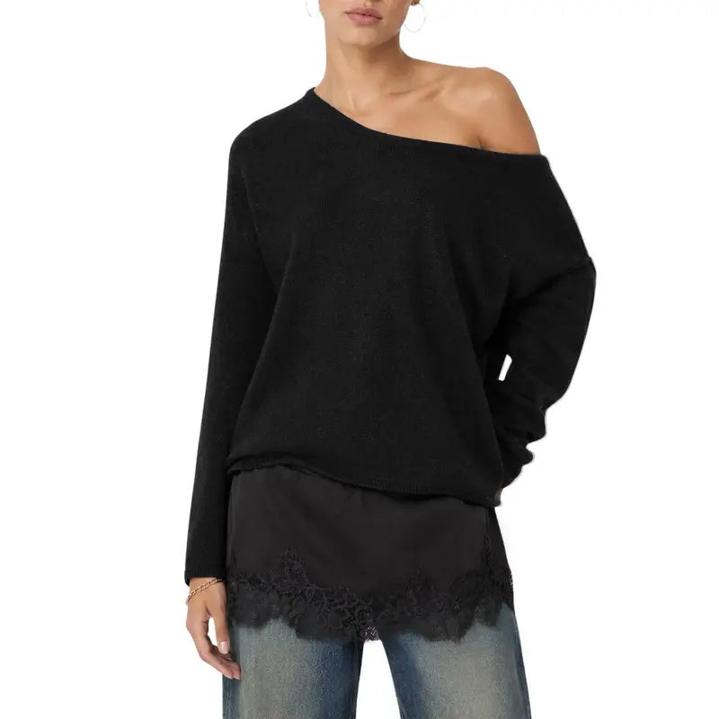 Women's one-shoulder lace-trimmed long-sleeved knit top