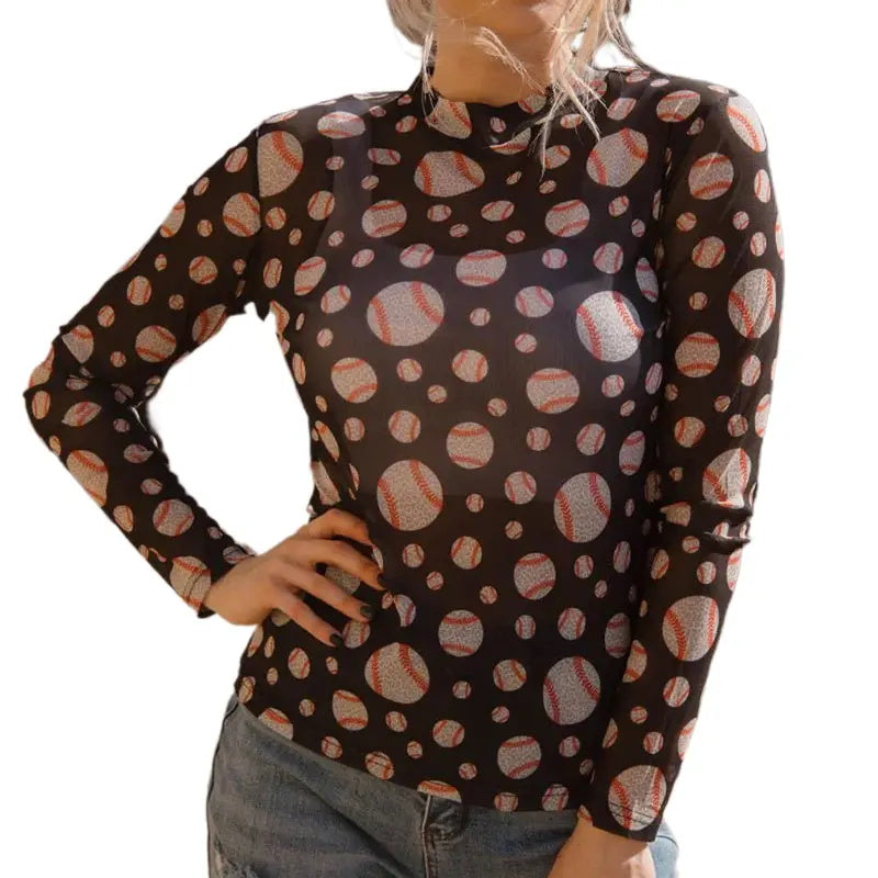 Women's Fashion Black Sheer Mesh Long-Sleeved Printed Top
