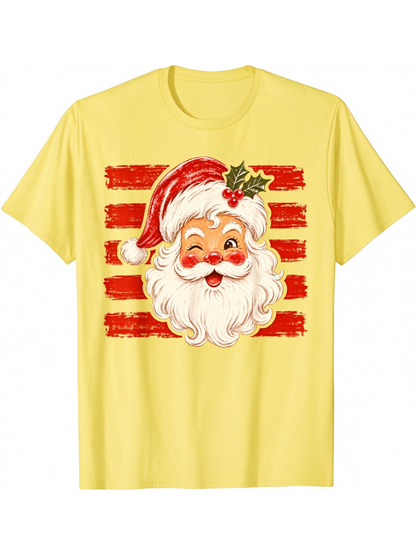 Vintage Christmas Santa Print Casual Short Sleeve Top