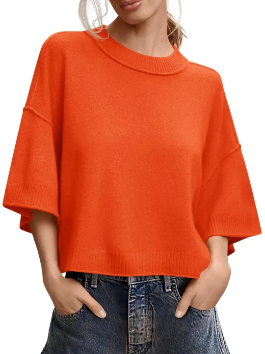 Oversized Cropped Short‑Sleeve Knit Top 🍂 Drop‑Shoulder Crew Neck Exposed‑Stitching Casual Tops