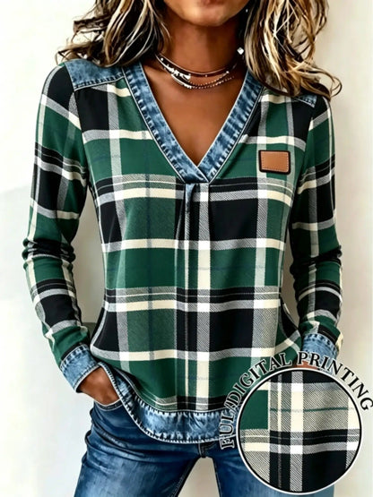 New Spring Fall Women's Fake Denim Patchwork Print V Neck Top