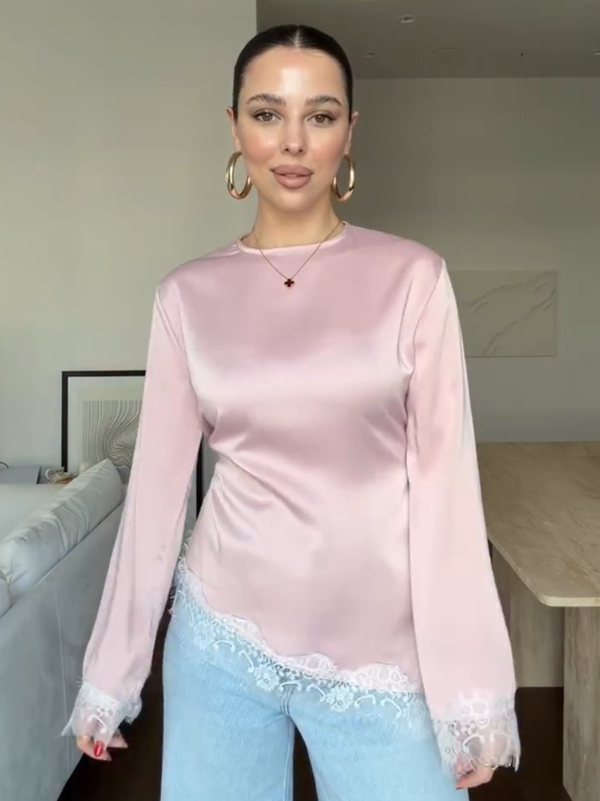 2026 New Round Neck Solid Color Long Sleeve Irregular Lace Hem Fitted Waist Top