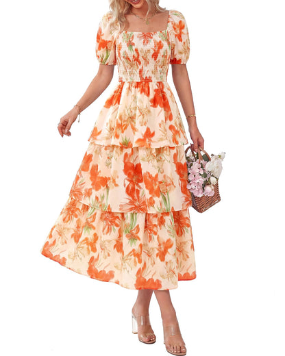 Women's Floral Square Neck Puff Short Sleeve Smocked Tiered Dress