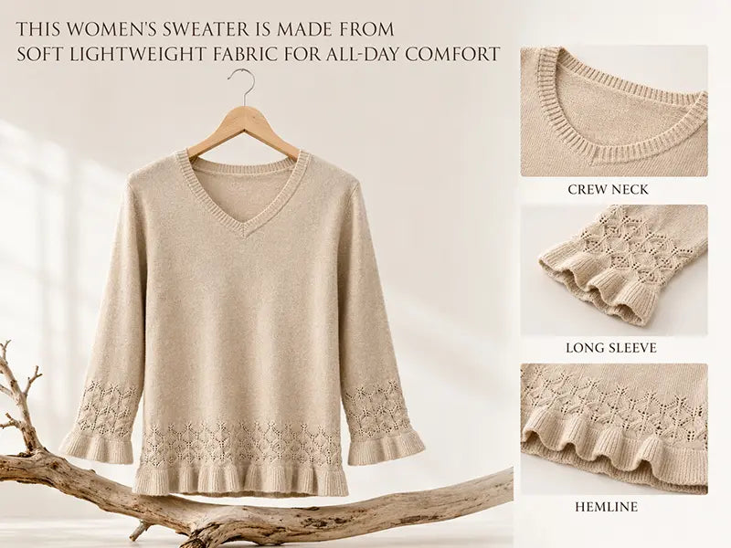 Feminine V-Neck Knit Blouse, Lightweight Ruffle 3/4 Sleeve Casual Top