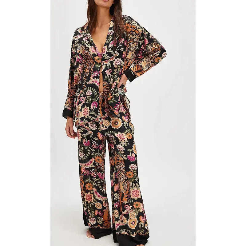 Women’s Loungewear Sleepwear Set Printed Long Sleeve Lapel Button Top & Long Pants（buy 2 free shipping）