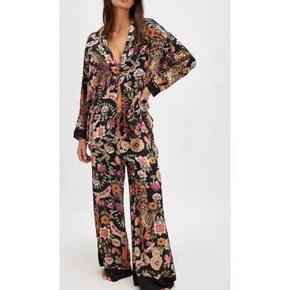 Women’s Loungewear Sleepwear Set Printed Long Sleeve Lapel Button Top & Long Pants（buy 2 free shipping）