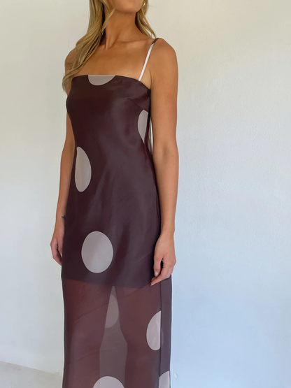 Women's Polka Dot Sheer Overlay Maxi Slip Dress