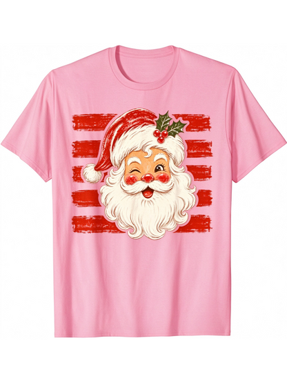 Vintage Christmas Santa Print Casual Short Sleeve Top