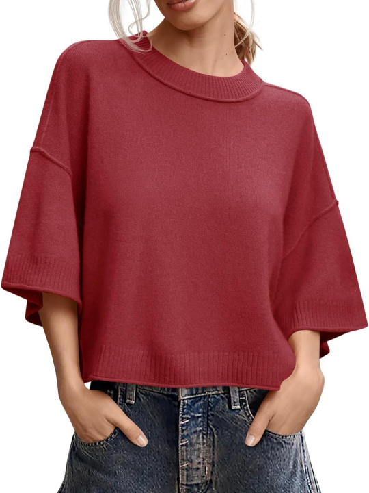 Oversized Cropped Short‑Sleeve Knit Top 🍂 Drop‑Shoulder Crew Neck Exposed‑Stitching Casual Tops