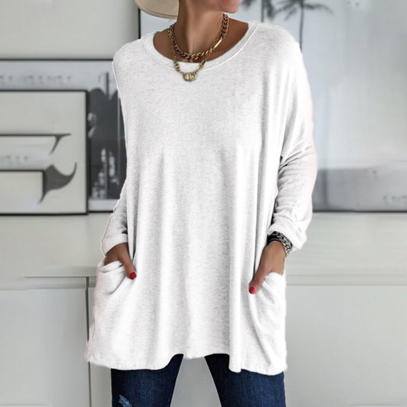 HOT SALE-Round Neck Long Sleeve Loose Pocket Solid T-Shirt