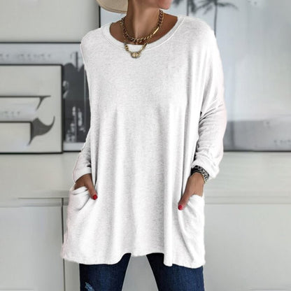 HOT SALE-Round Neck Long Sleeve Loose Pocket Solid T-Shirt