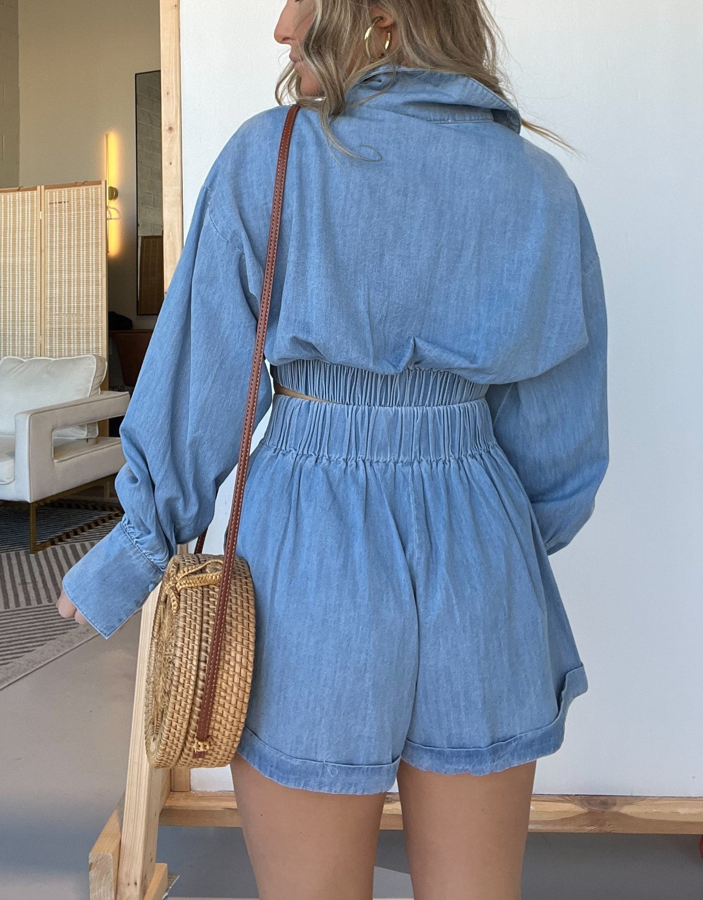 Hot Sale Denim Crop Shirt and Shorts Set
