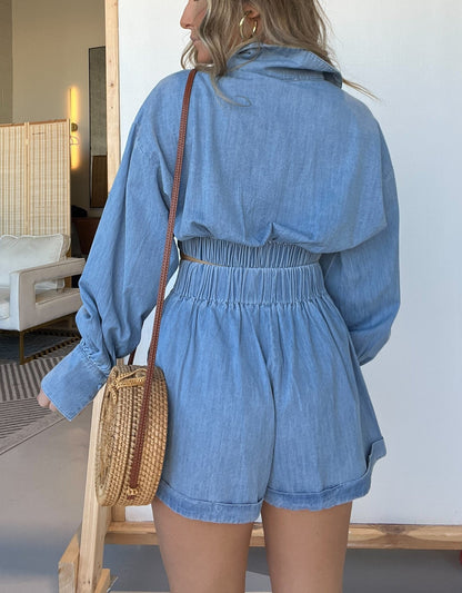 Hot Sale Denim Crop Shirt and Shorts Set