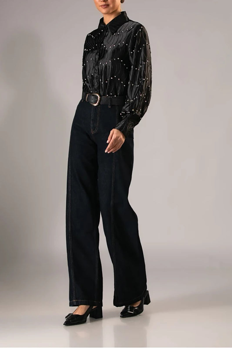 Silk satin textured water ripple pleated loose-fitting rhinestone long-sleeved shirt（BUY 2 FREE SHIPPING)