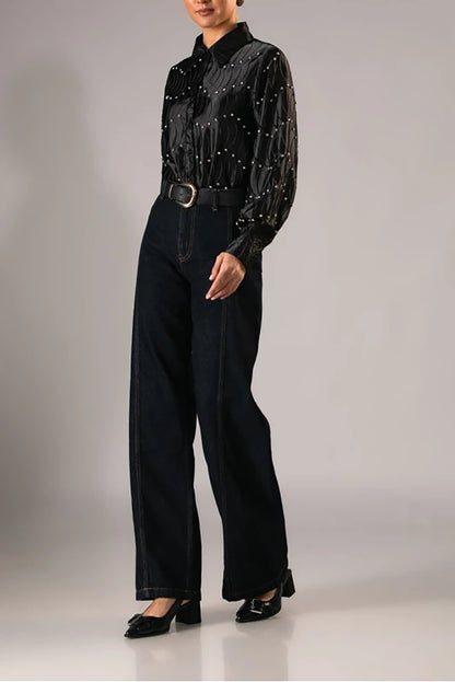 Silk satin textured water ripple pleated loose-fitting rhinestone long-sleeved shirt（BUY 2 FREE SHIPPING)