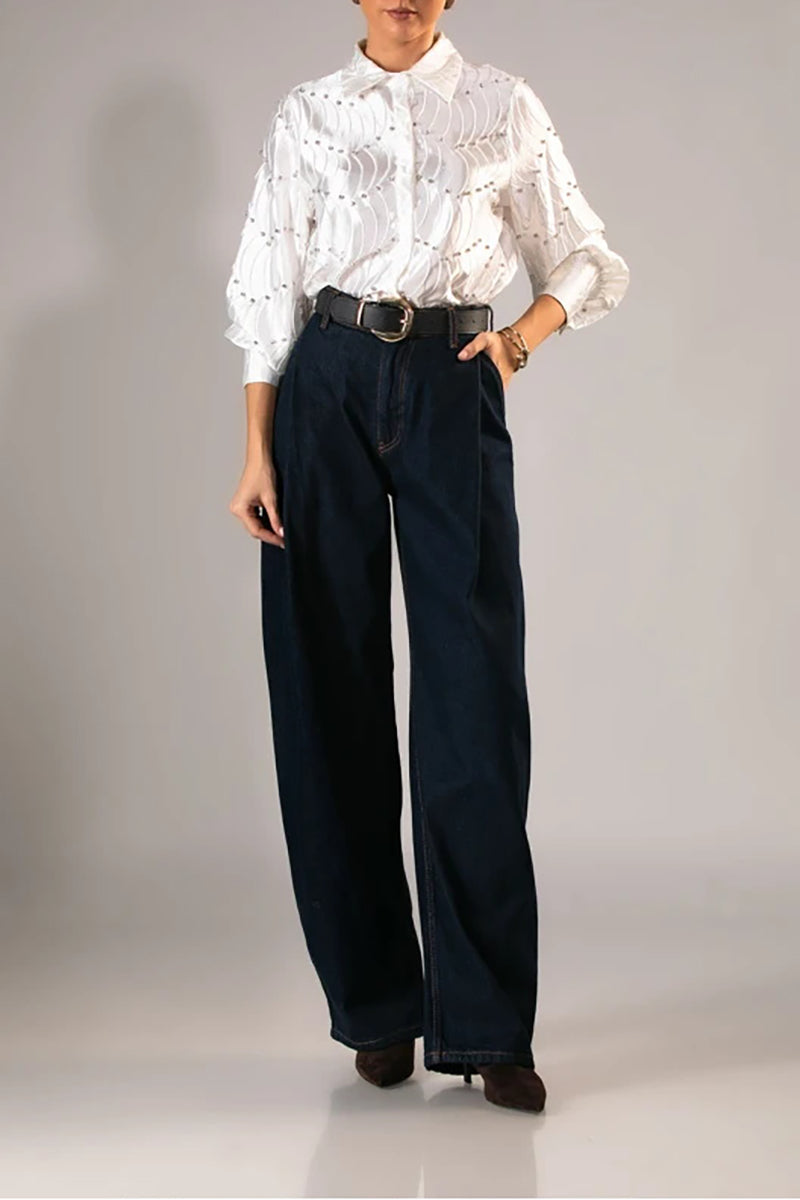 Silk satin textured water ripple pleated loose-fitting rhinestone long-sleeved shirt（BUY 2 FREE SHIPPING)